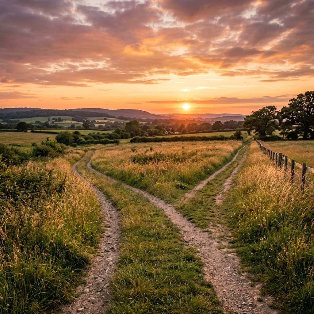 Two paths converging at sunset — meeting in the middle